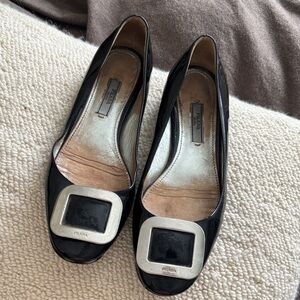 Prada Black Patent Leather Flats with Silver Buckle
